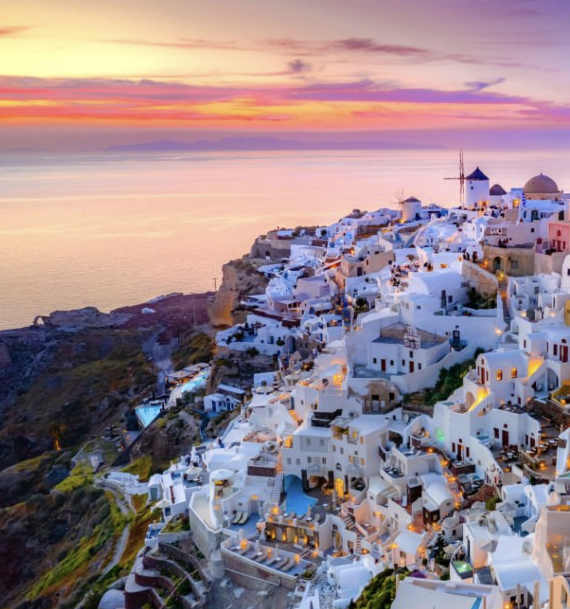 Santorini blue domes and white buildings